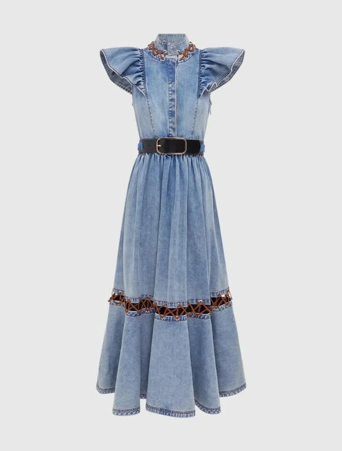 Leo Lin Amelie Butterfly Sleeveless Denim Midi Dress Sand Wash Blue Size 6 - Image 1