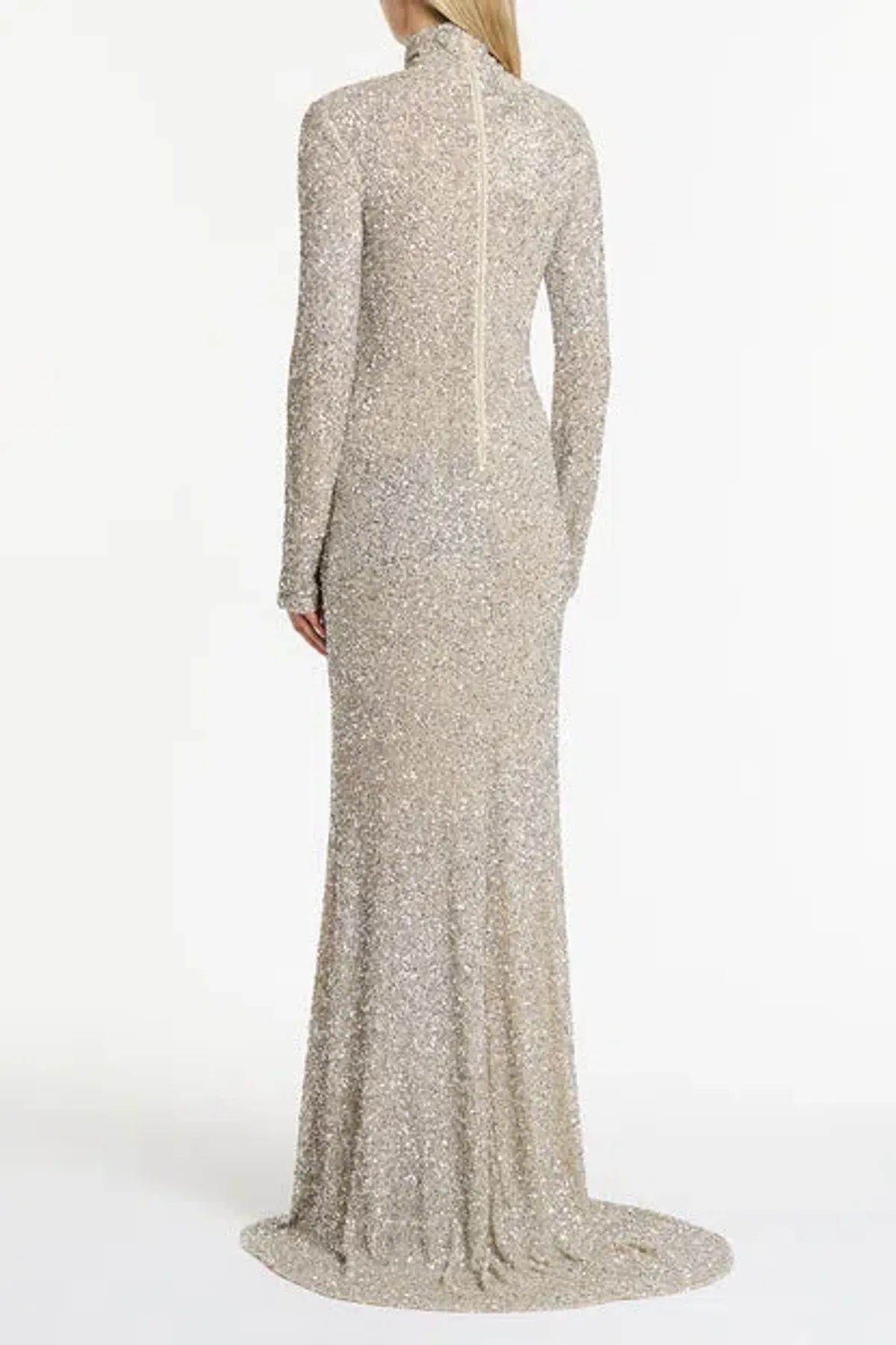 Carla Zampatti Ivory Crushed Sequin Sleeved Gown Silver Size 4 - Image 3