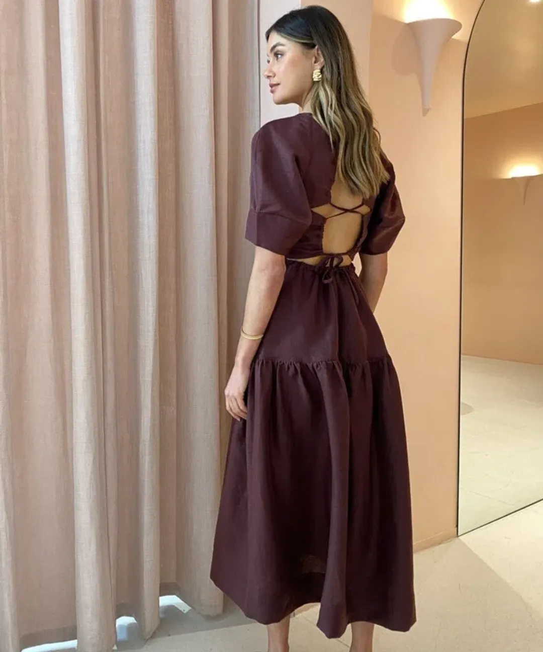Shona Joy Marlene Open Back Midi Dress Chocolate Size 8 for rent on The Volte - main image