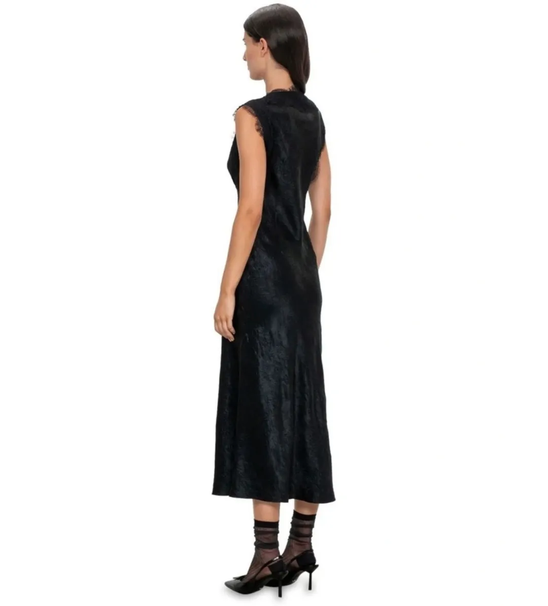 Veronika Maine Crushed Satin Lace Dress Black Size 8 for rent on The Volte - main image