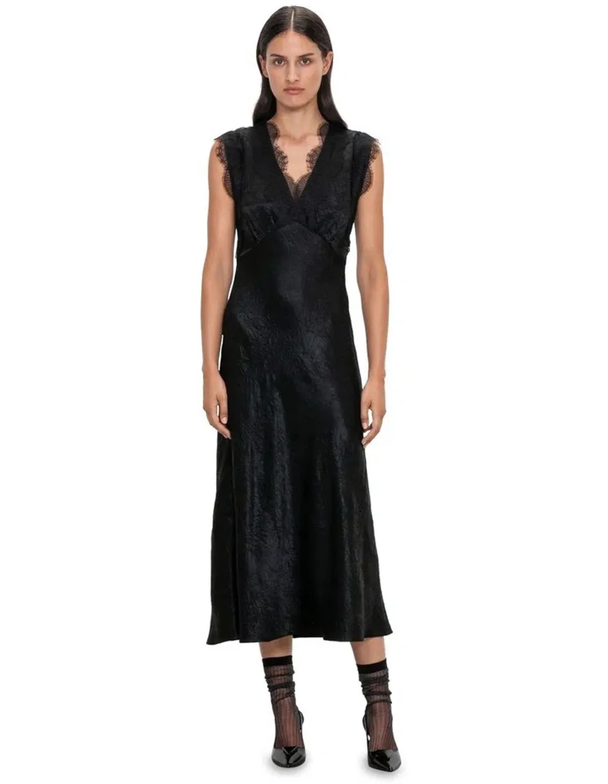 Veronika Maine Crushed Satin Lace Dress Black Size 8 - Image 1