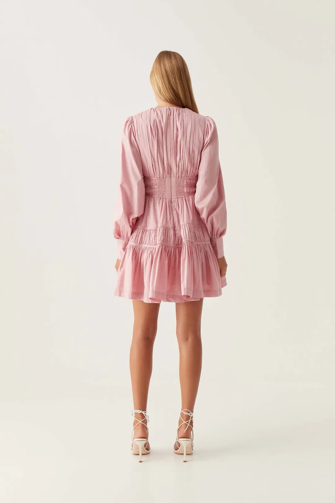 Aje Fallingwater Ruched Mini Dress Chalk Pink Size 8 for rent on The Volte - main image