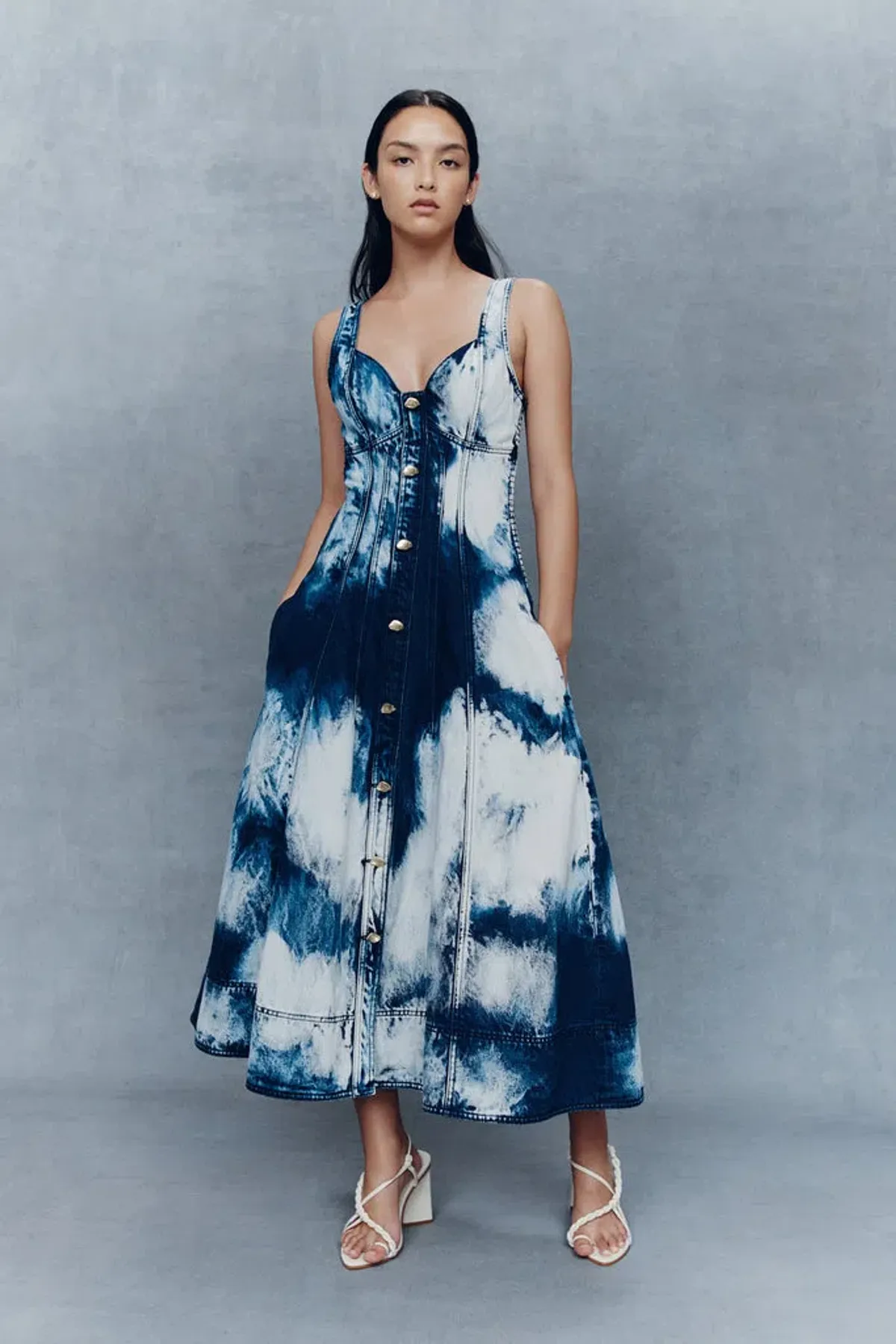 Aje Enigma Denim Midi Dress Tie Dye Indigo Size 8 - Image 1