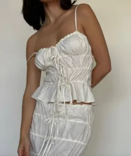 Mirror Palais Tunnel Ruffle Mini Skirt & Cami Top Set in Cloud Size S/ Au 8 for rent on The Volte - image 4