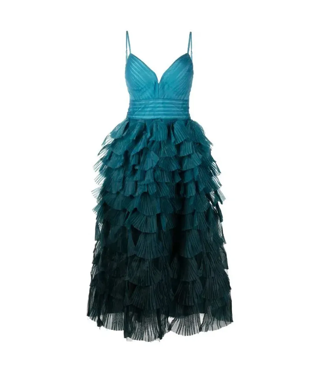 Marchesa Notte Gradient Ruffled Midi Dress Blue Size 8 for rent on The Volte - main image