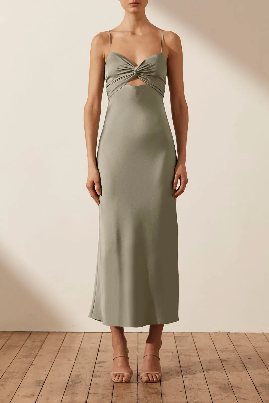 Shona Joy Luxe Twist Front Sleeveless Midi Dress Eucalyptus Size 12 for rent on The Volte - main image