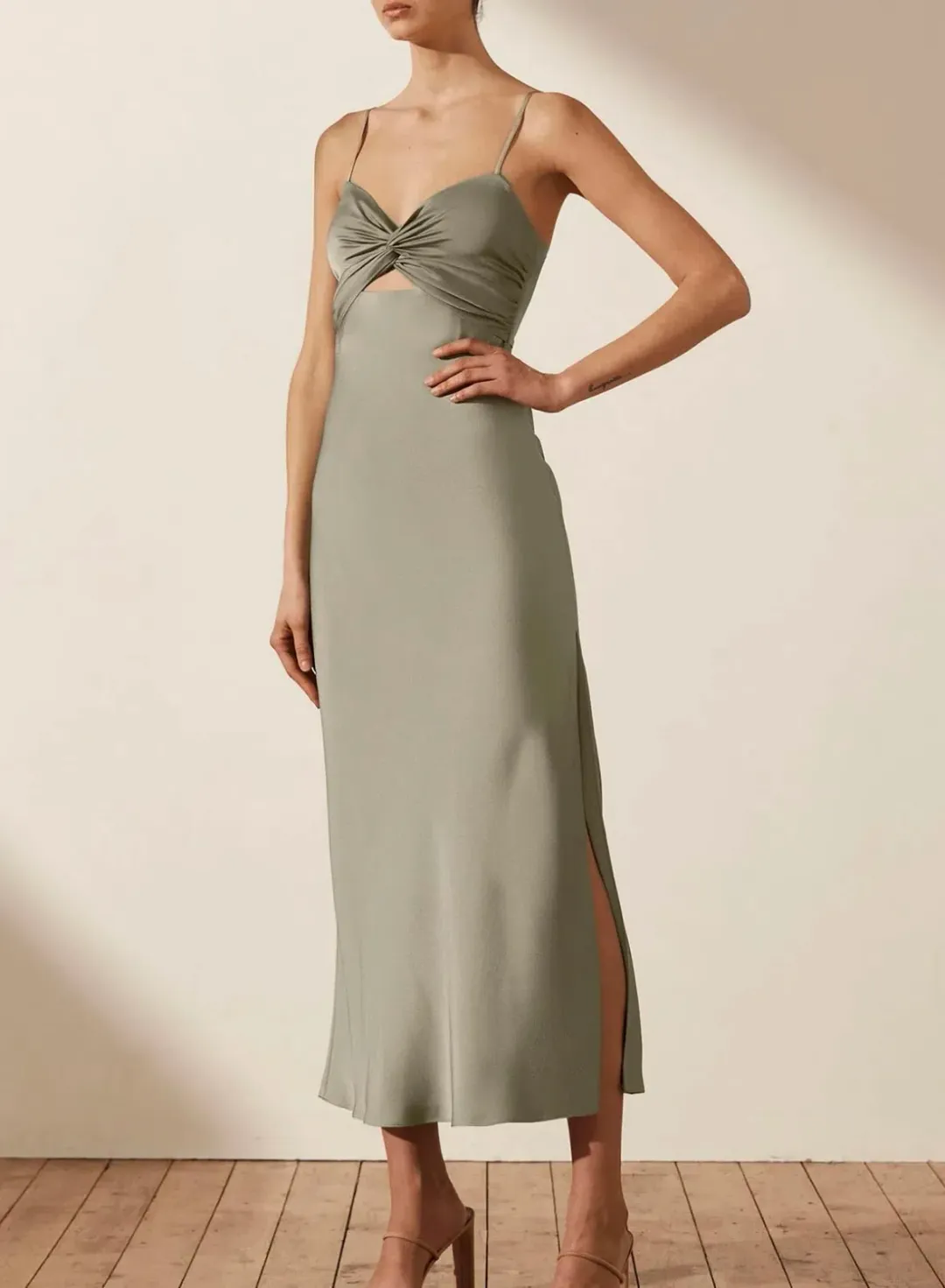 Shona Joy Luxe Twist Front Sleeveless Midi Dress Eucalyptus Size 12 for rent on The Volte - main image
