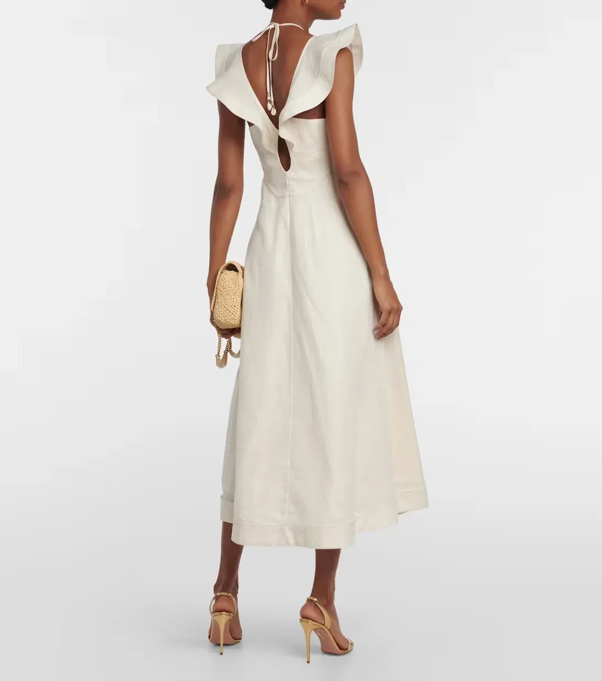 Zimmermann Halcyon Cutout Ruffled Shell Embellished Linen Midi Dress Cream Size 4/AU 16 - Image 2