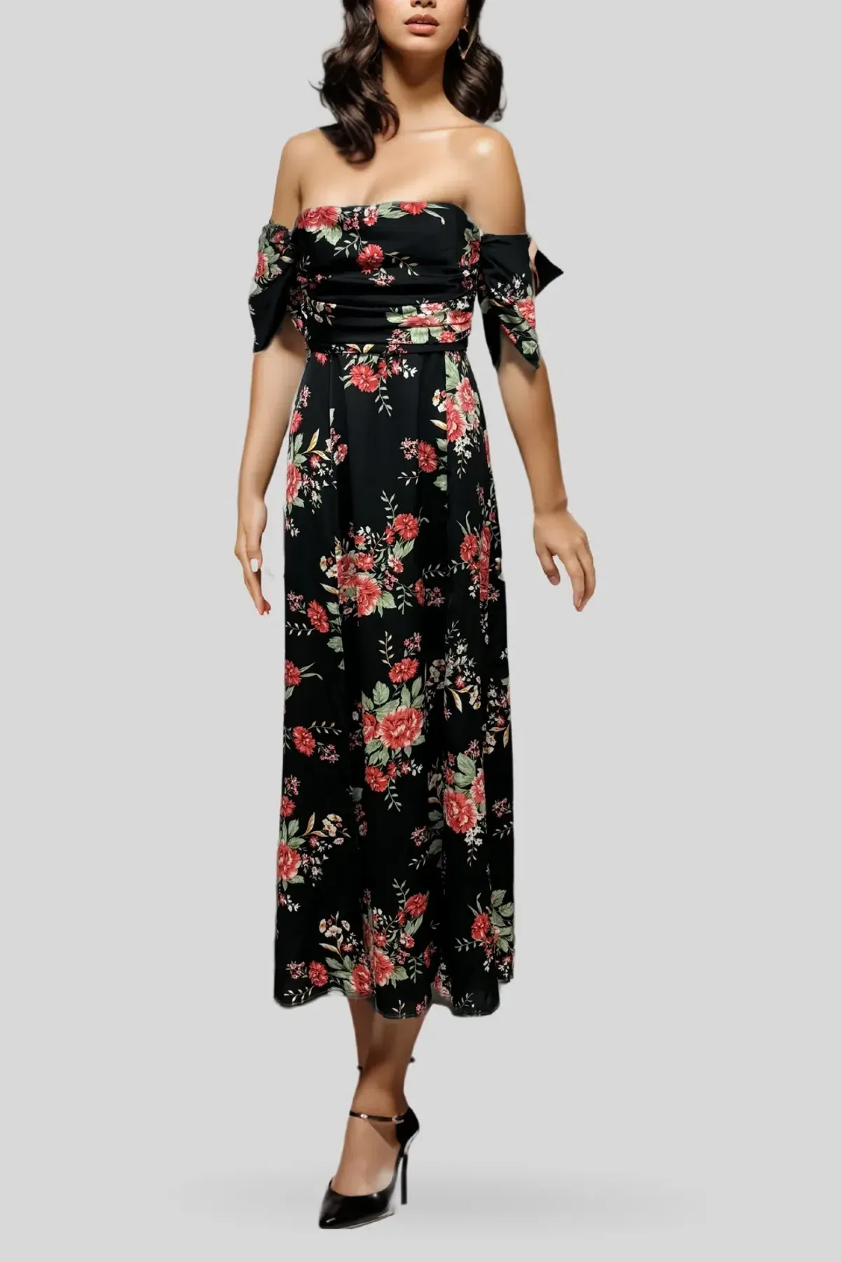 Nookie Floral Draped Black Dress Black Size 8 for rent on The Volte - main image
