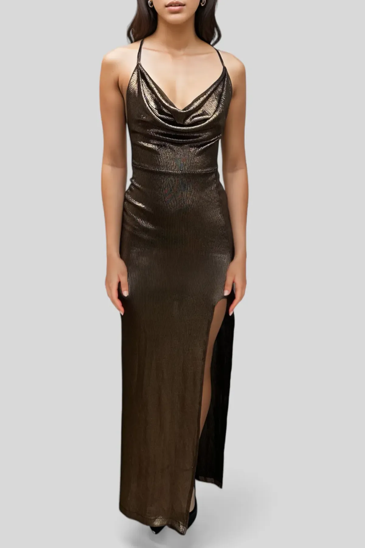 Nookie Metallic Cowl Neck Gown Brown Size 8 for rent on The Volte - main image