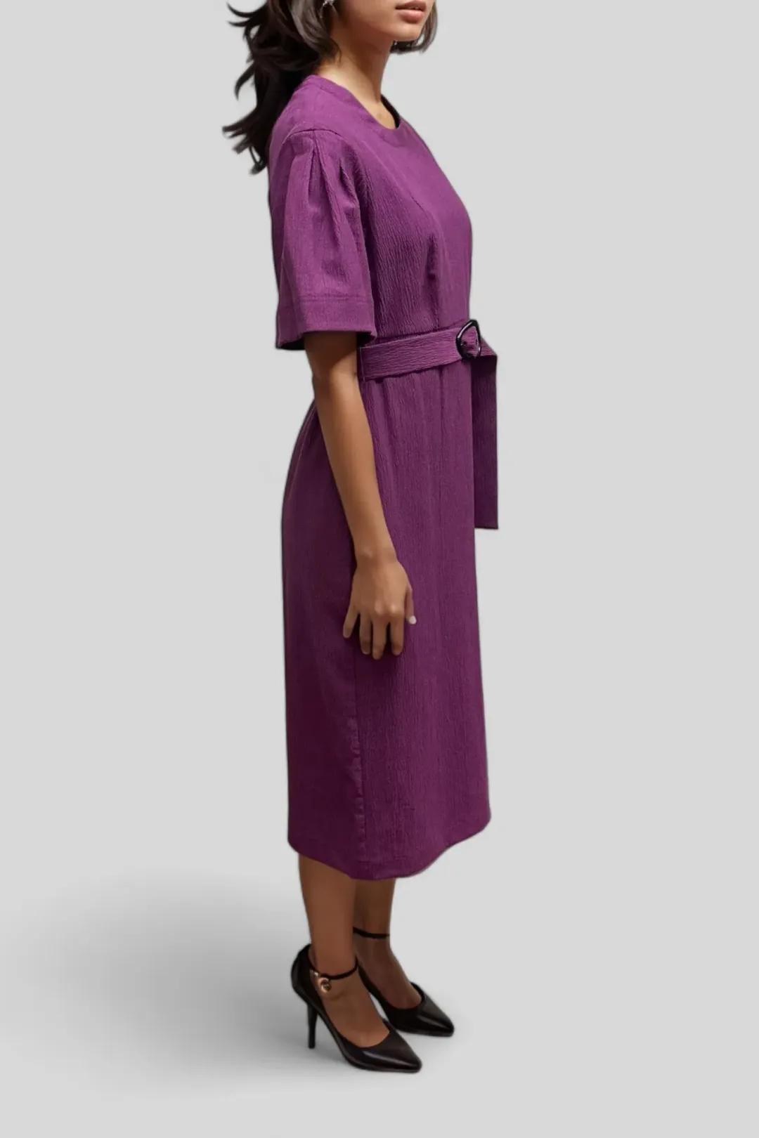 Veronika Maine Crinkle Cotton Belted Midi Dress in Plum Size 10 for rent on The Volte - main image