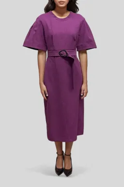 Veronika Maine Crinkle Cotton Belted Midi Dress in Plum Size 10 for rent on The Volte - image 1