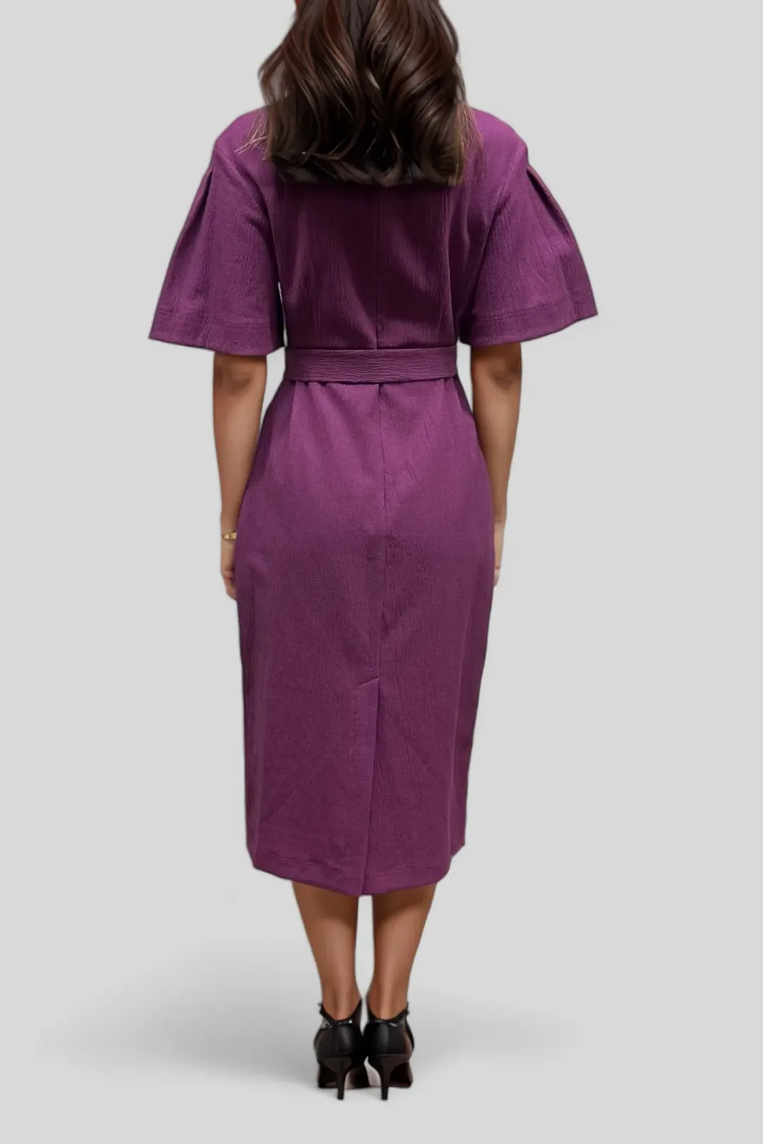 Veronika Maine Crinkle Cotton Belted Midi Dress in Plum Size 10 for rent on The Volte - main image