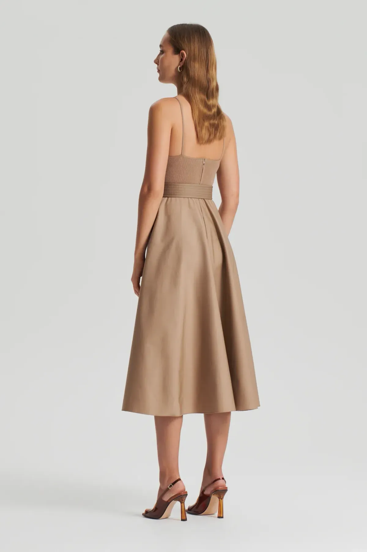 Scanlan Theodore Crepe Knit Camisole Midi Dress Camel Size 8 - Image 3