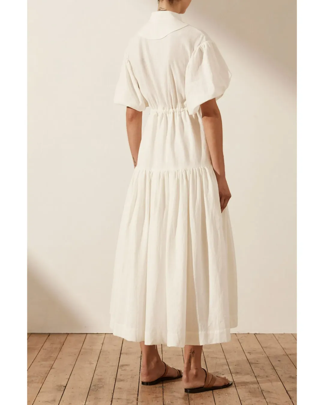 Shona Joy Priscilla Pin Tuck Short Sleeve Midi Dress White Size AU 6 for rent on The Volte - main image
