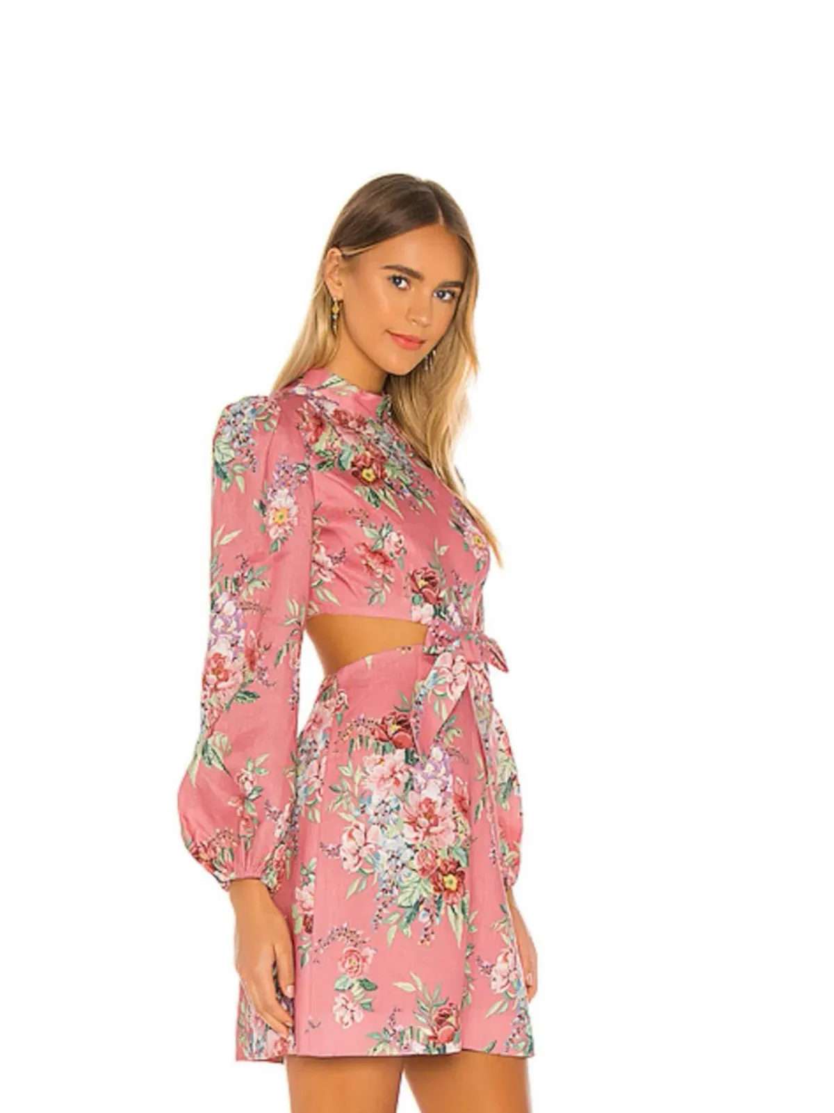 Zimmermann Bellitude Cutout Bow Front Floral Linen Mini Dress Pink Size 0 / 8 AU - Image 5