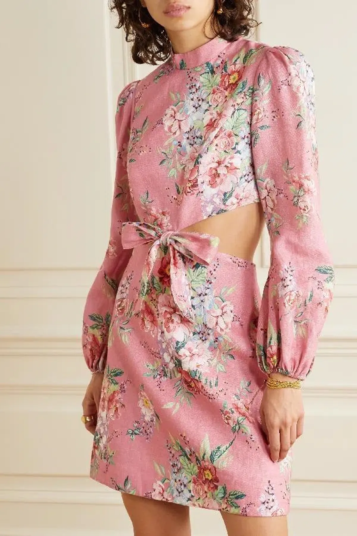 Zimmermann Bellitude Cutout Bow Front Floral Linen Mini Dress Pink Size 0 / 8 AU - Image 2