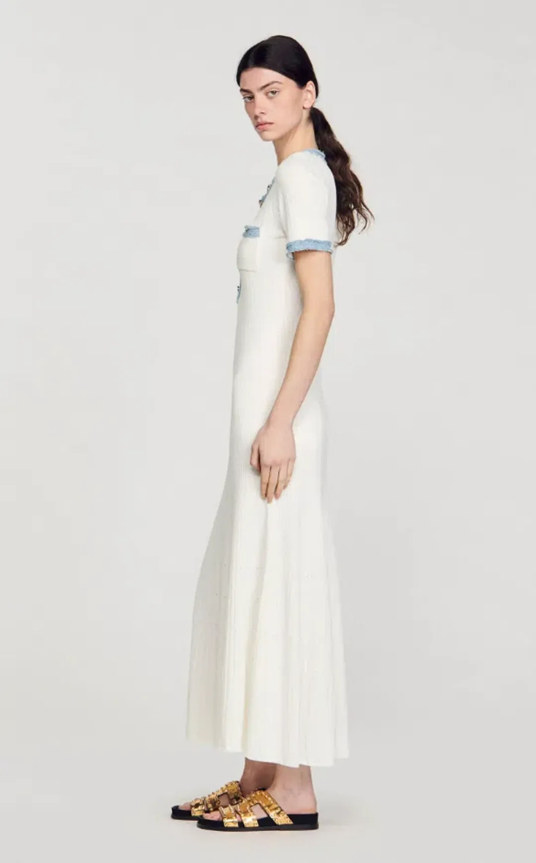Sandro Knit and Denim Midi Dress White Size 8 for rent on The Volte - main image