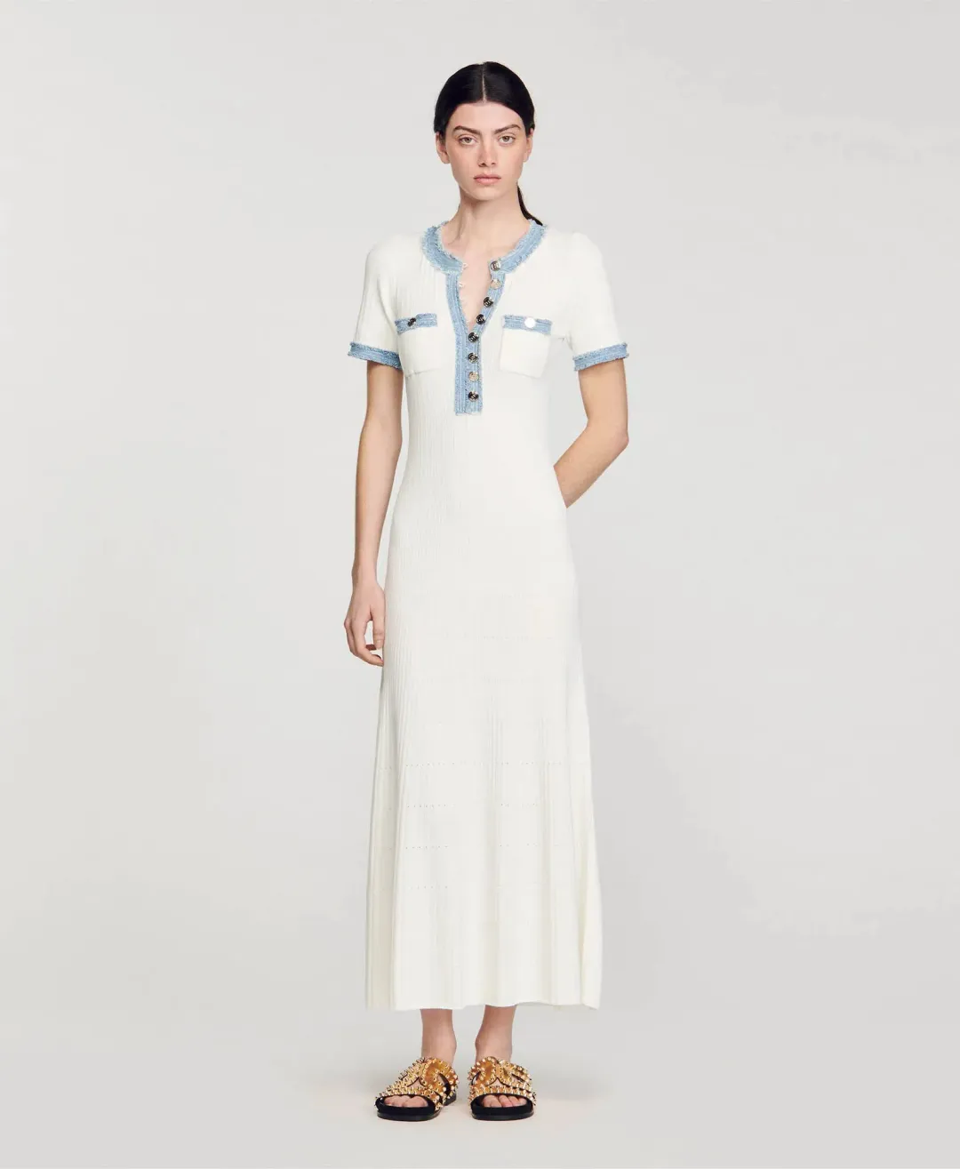 Sandro Knit and Denim Midi Dress White Size 8 for rent on The Volte - main image