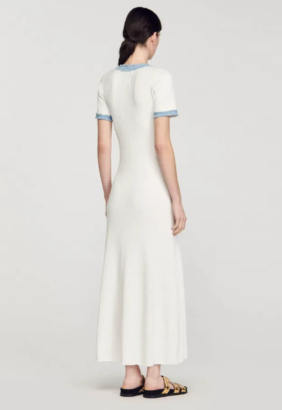 Sandro Knit and Denim Midi Dress White Size 8 - Image 4