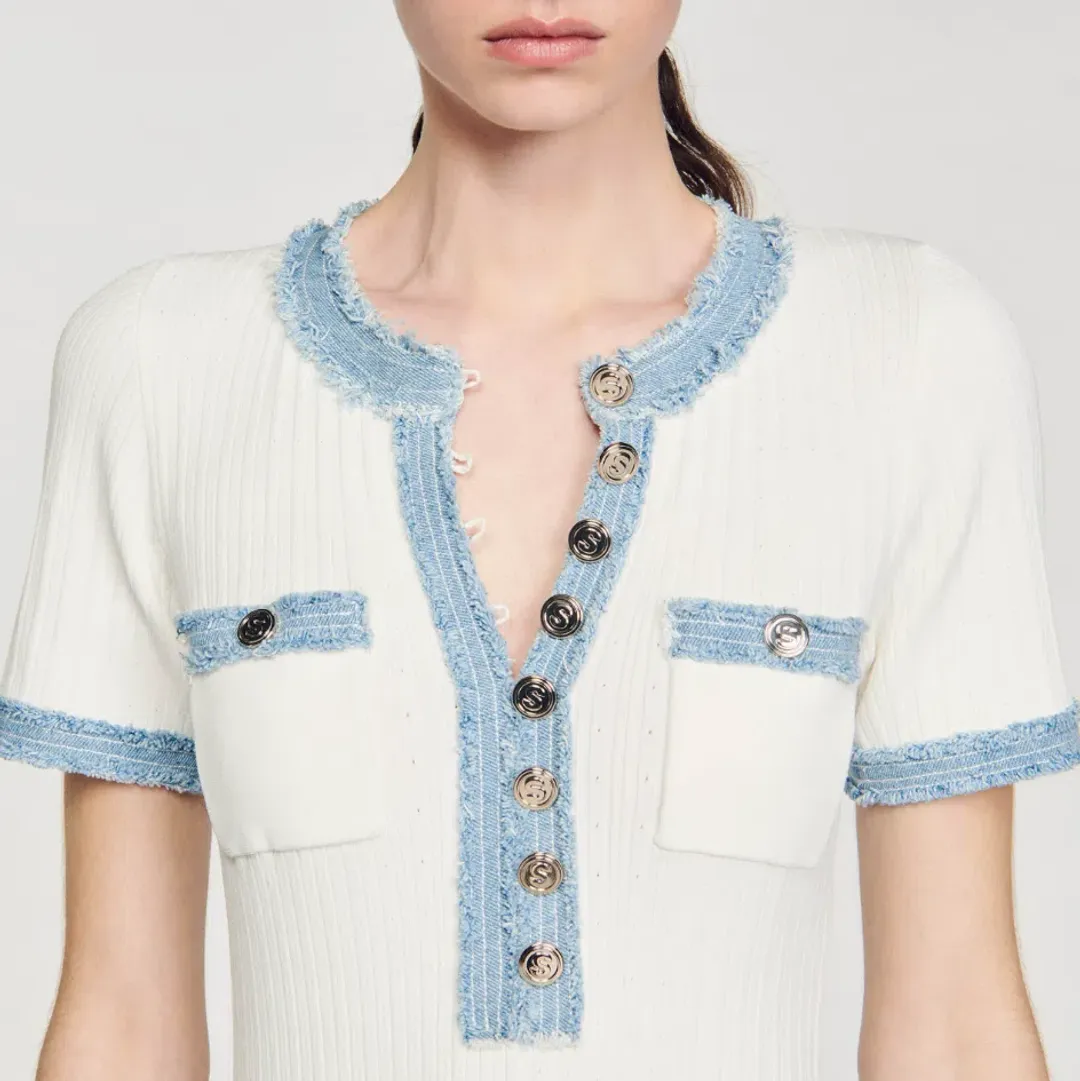 Sandro Knit and Denim Midi Dress White Size 8 for rent on The Volte - main image