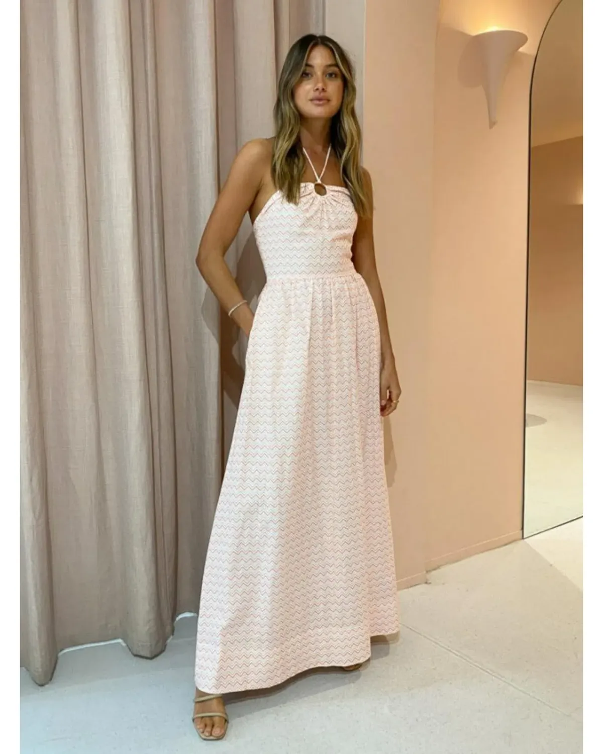 By Nicola Canary Maxi Dress Melon Chevron Size AU 14 - Image 1