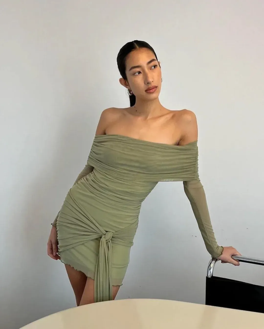 Benni Yasmin Off Shoulder Mini Dress Green Size S/Au 8 for rent on The Volte - main image