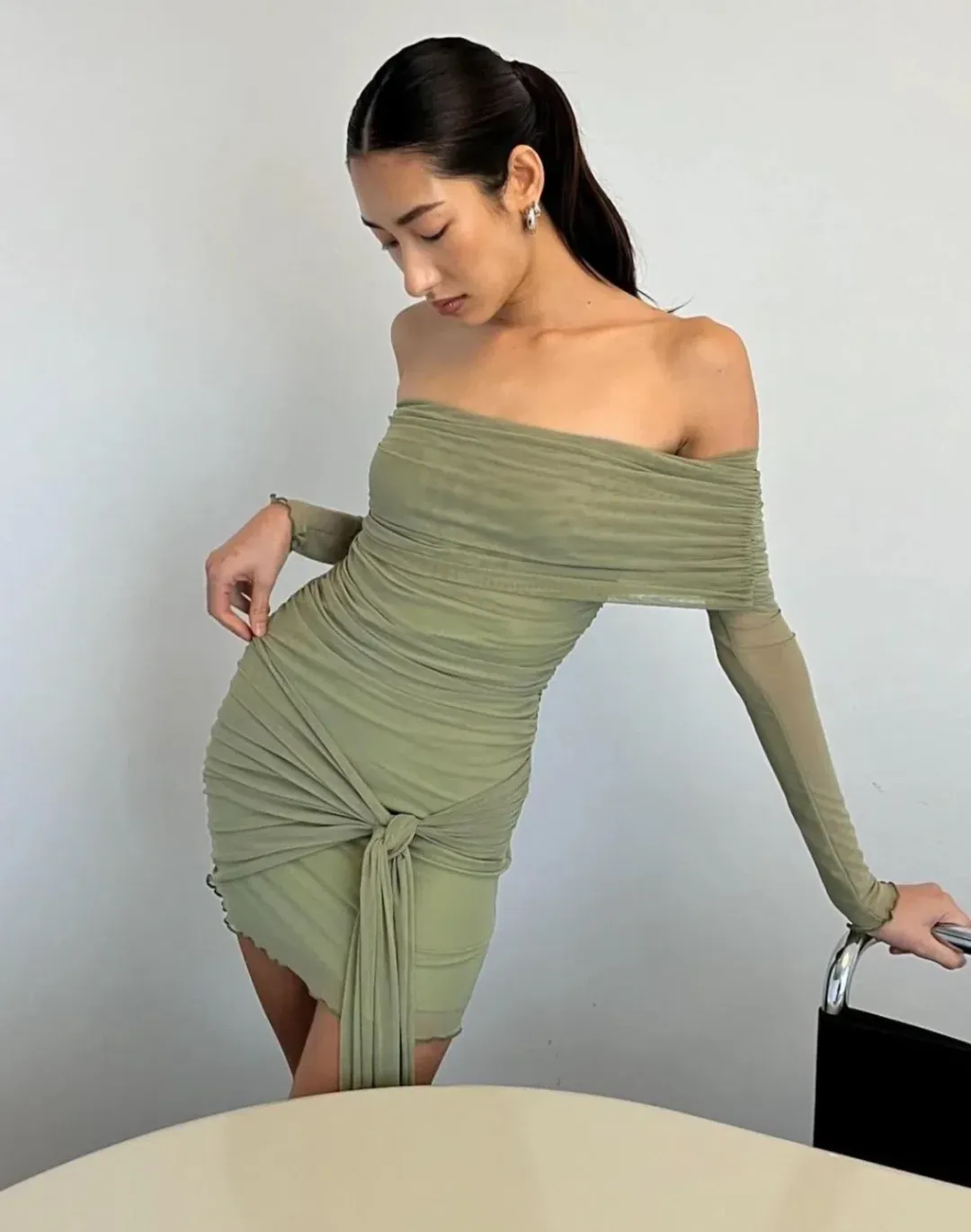 Benni Yasmin Off Shoulder Mini Dress Green Size S/Au 8 for rent on The Volte - main image