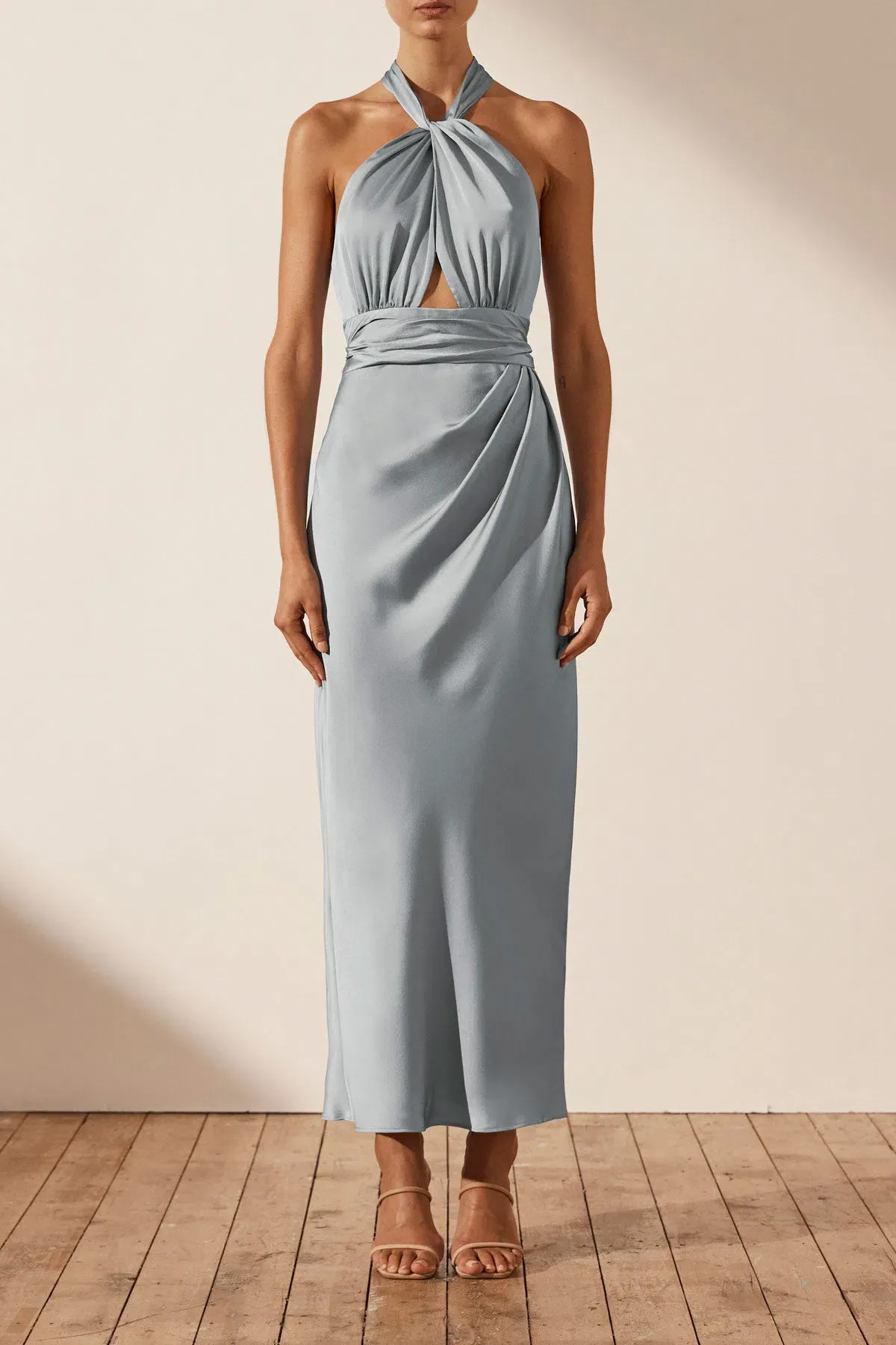 Shona Joy Luxe Gathered Halter Midi Dress in Azure Size 8 - Image 1