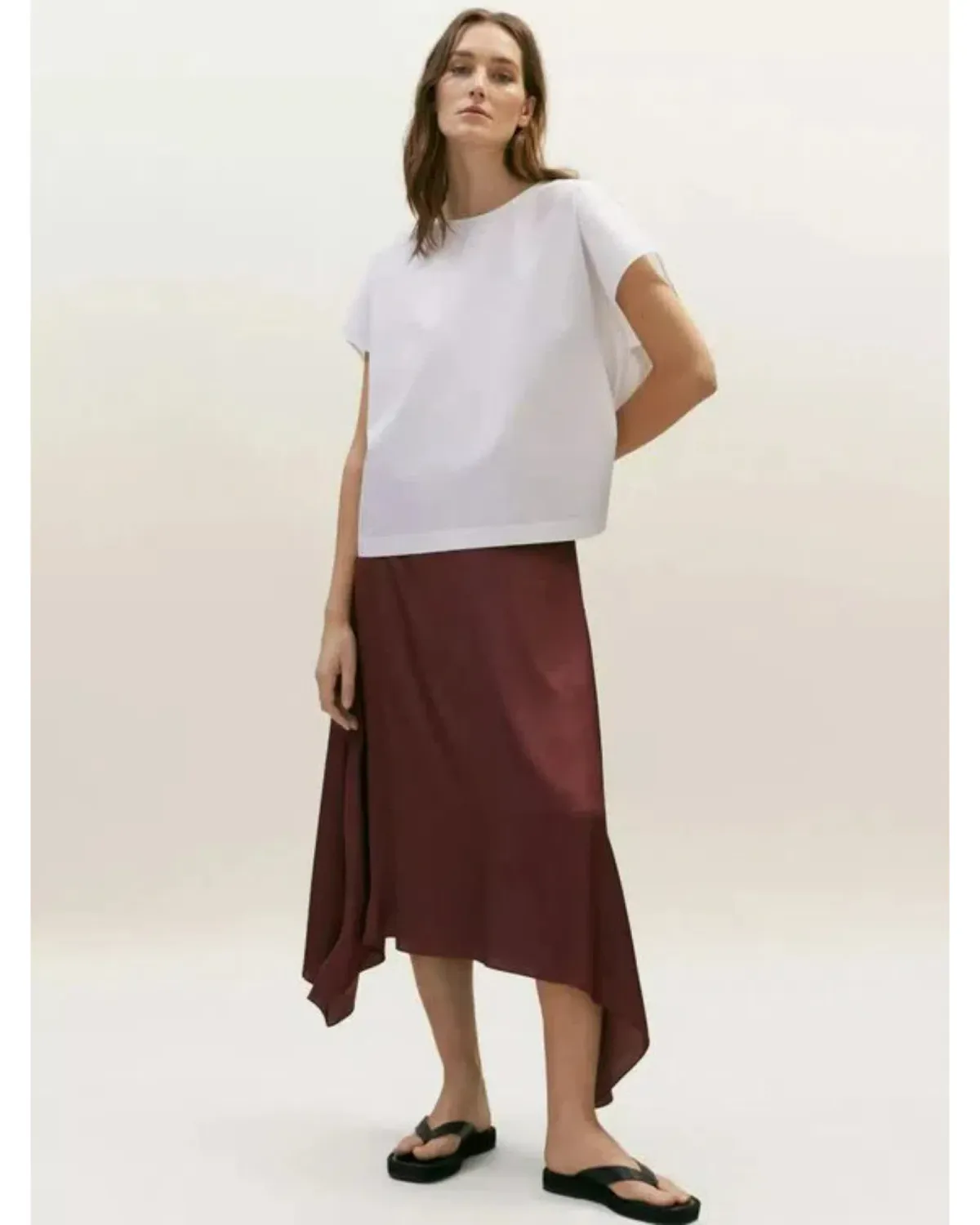 Massimo Dutti "Flowing Asymmetric" Midi Skirt Burgundy Size AU 6 for rent on The Volte - main image