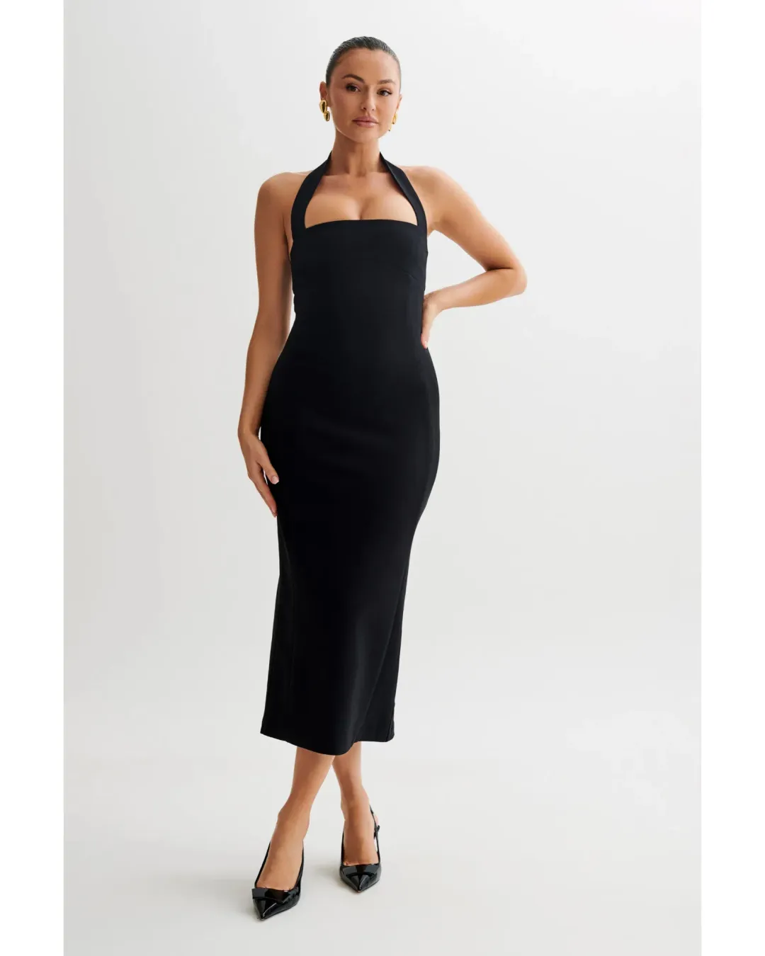 MESHKI Amelita Suiting Halter Midi Dress Black Size L / AU 12 for rent on The Volte - main image