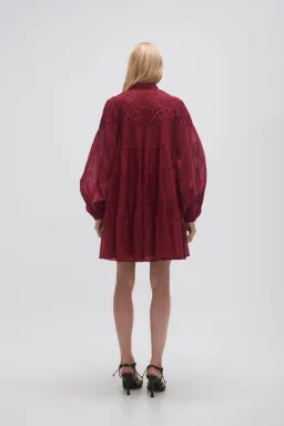 Aje Erika Ruched Tiered Mini Dress Mahogony Red Size 10 for rent on The Volte - image 2