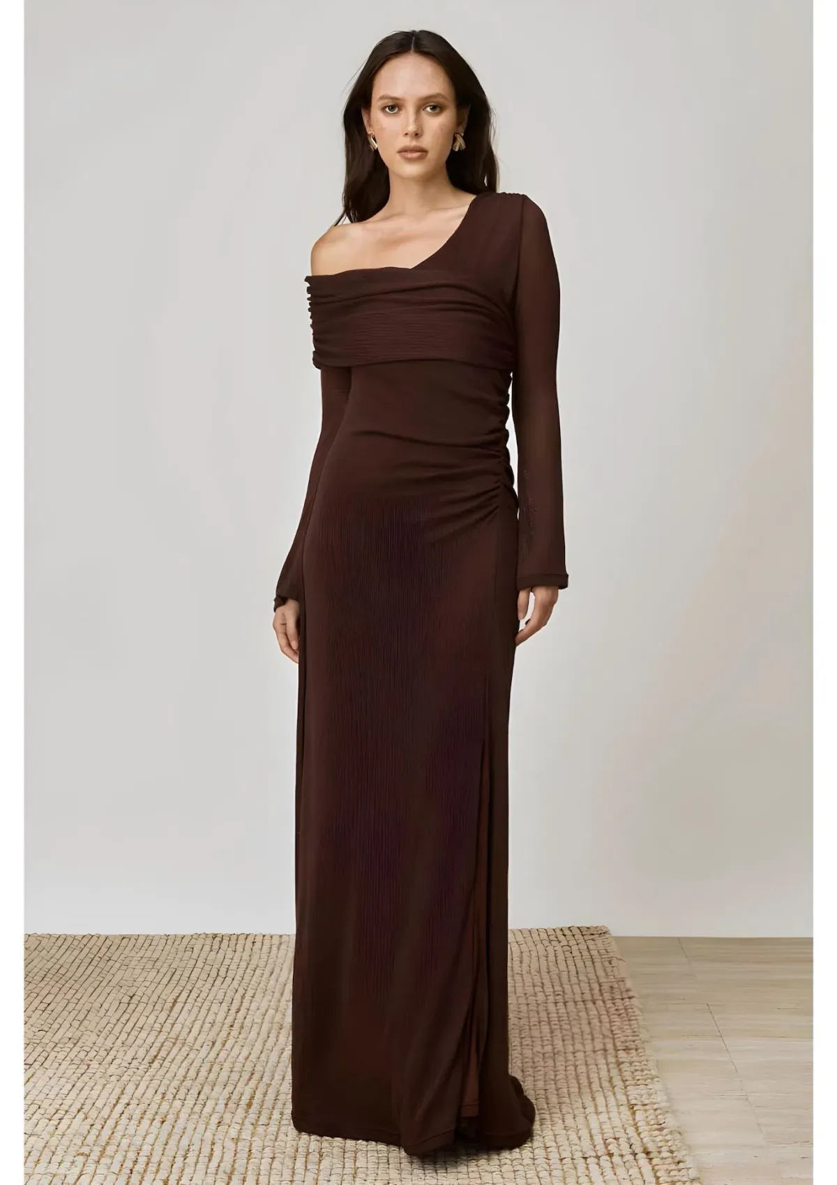 Mon Renn Overlay Sleeved Midi Dress in Chocolate Size 14 for rent on The Volte - main image