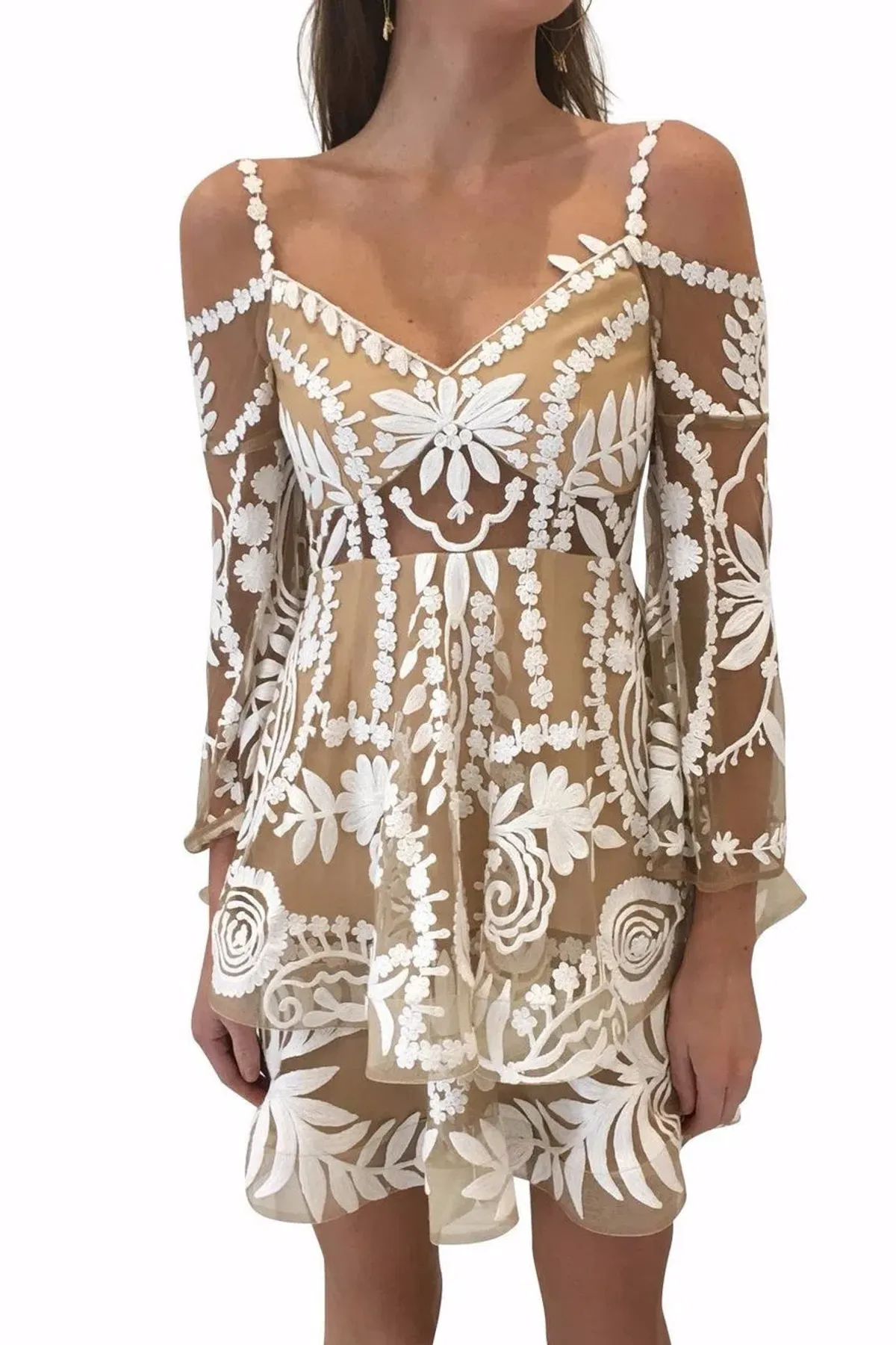 Thurley Poppy Fields Lace Mini Dress Ivory/Nude Size 8 - Image 2
