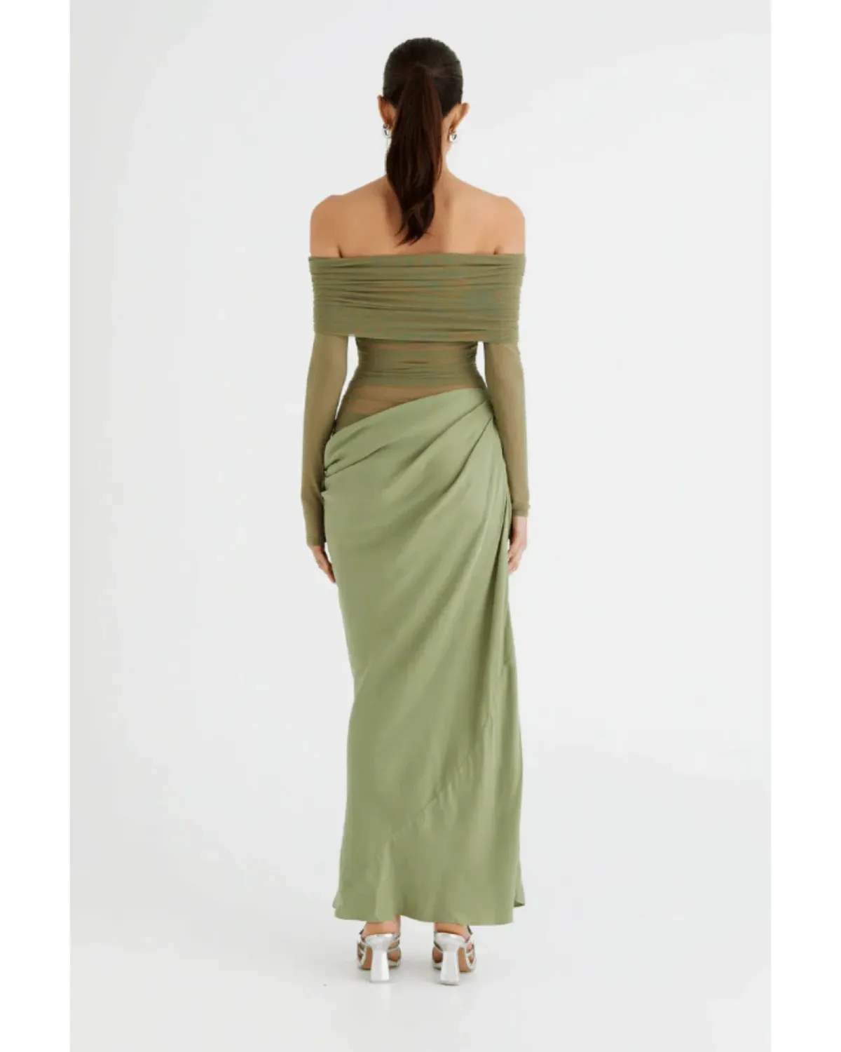 Benni Yasmin Off The Shoulder Maxi Dress in Pistachio Size AU 12 - Image 3