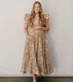 Zimmermann Lovestruck Pleated Gown Olive and Pink Rose Size 3 / AU 10-12 for rent on The Volte - image 1