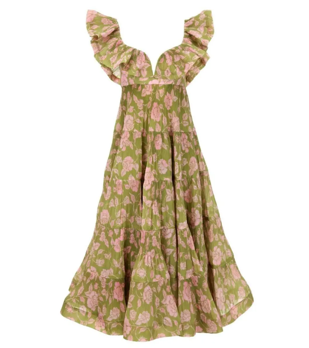 Zimmermann Lovestruck Pleated Gown Olive and Pink Rose Size 3 / AU 10-12 for rent on The Volte - main image