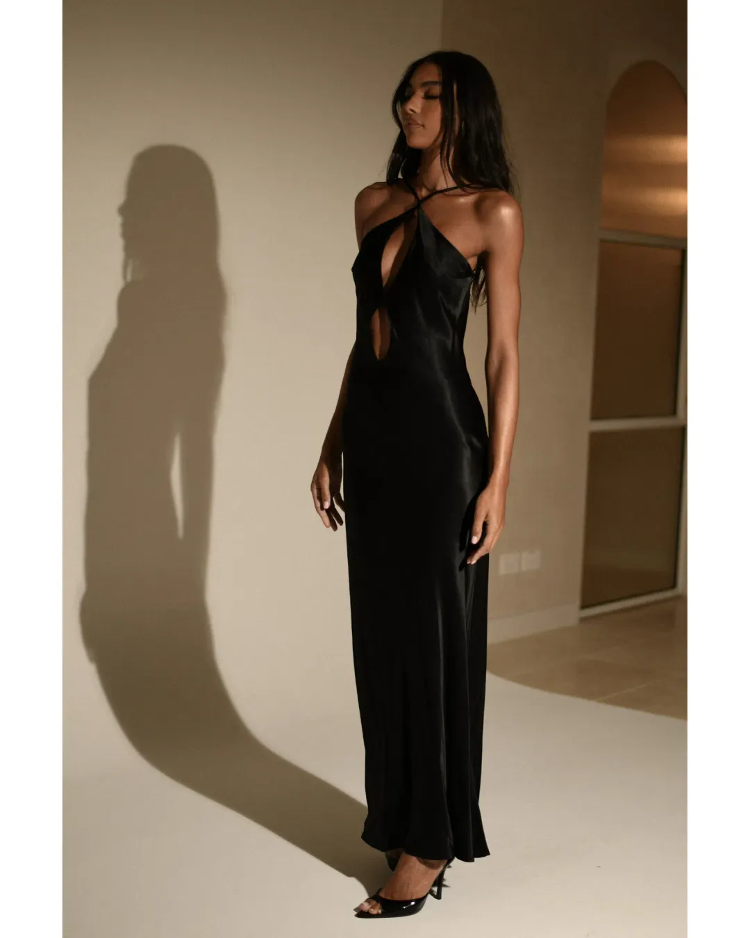 MESHKI Lucia Satin Cut Out Maxi Dress Black Size Small / AU 8 for rent on The Volte - main image