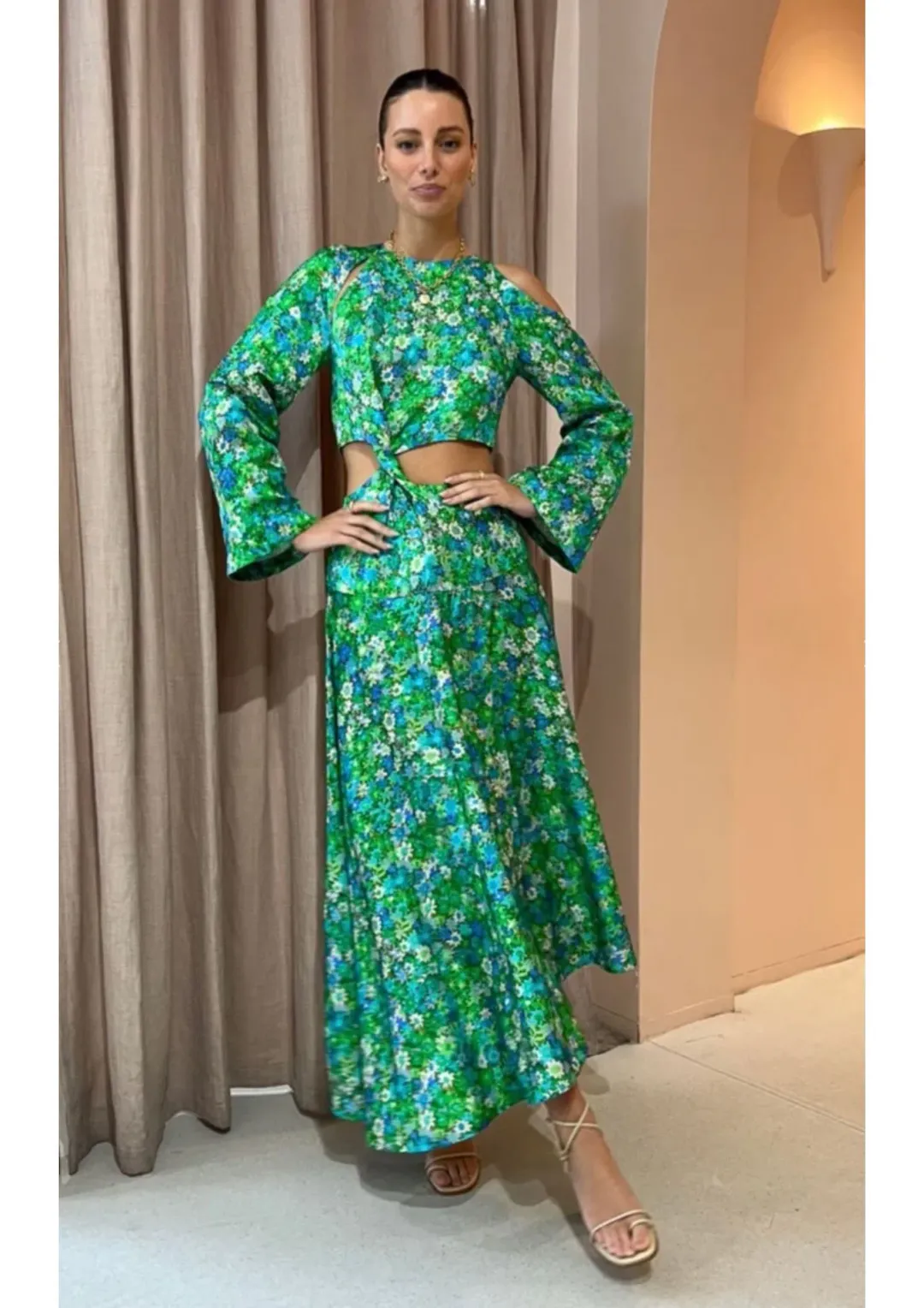 Alemais Cassandra Cut Out Midi Dress Turquoise Floral Size 6 for rent on The Volte - main image