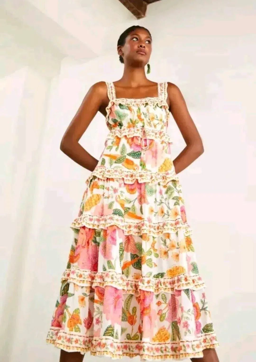 Farm Rio Macaw Bloom Ruffle Tropical Tiered Sundress Floral Size S / AU 8 for rent on The Volte - main image