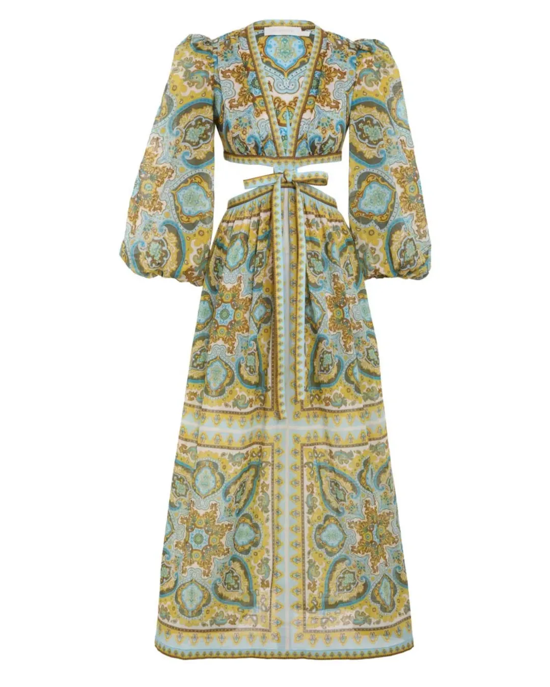 Zimmermann Halcyon Tie Front Midi Dress Blue Yellow Paisley Size 1 / AU 10 for rent on The Volte - main image