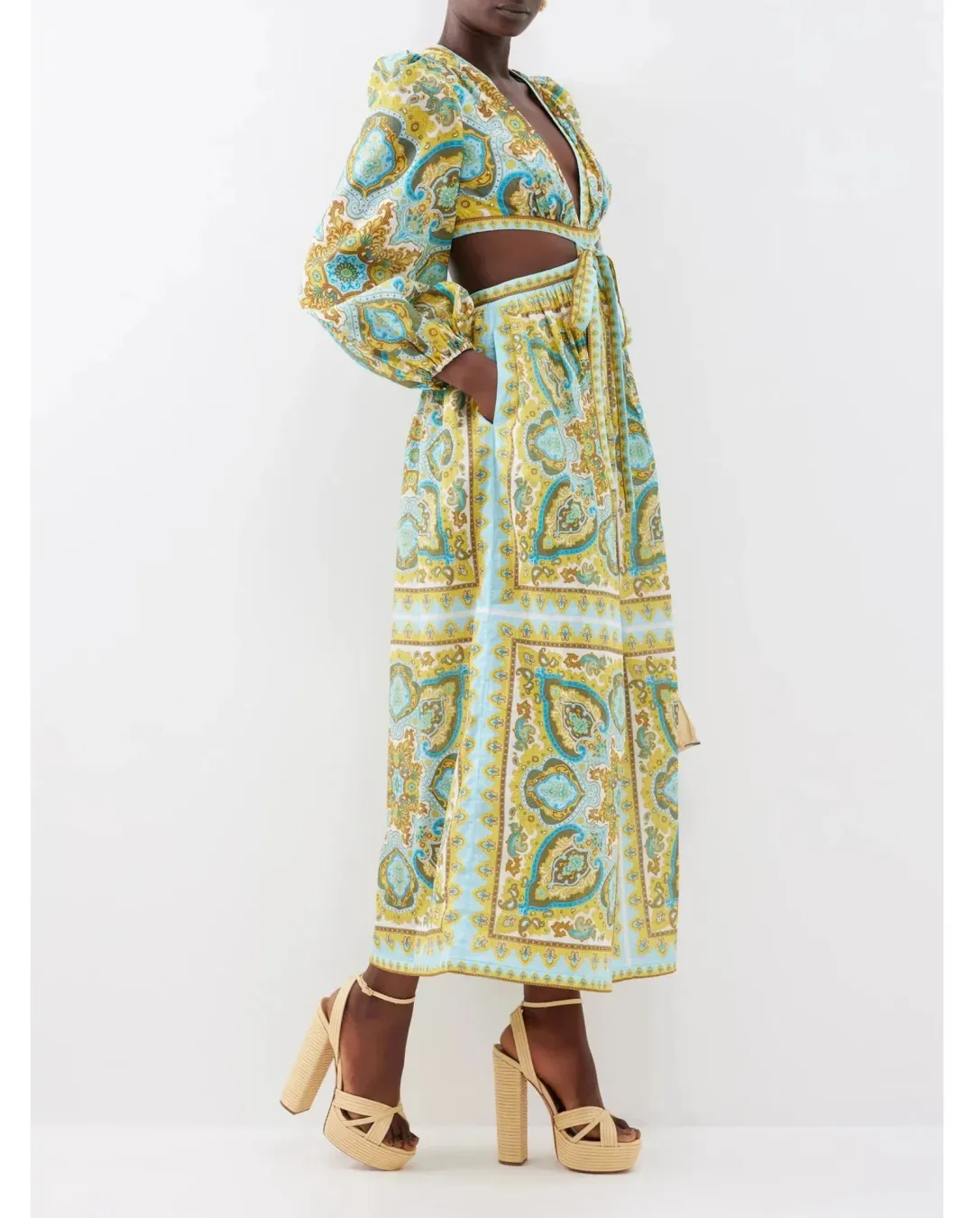 Zimmermann Halcyon Tie Front Midi Dress Blue Yellow Paisley Size 1 / AU 10 for rent on The Volte - main image