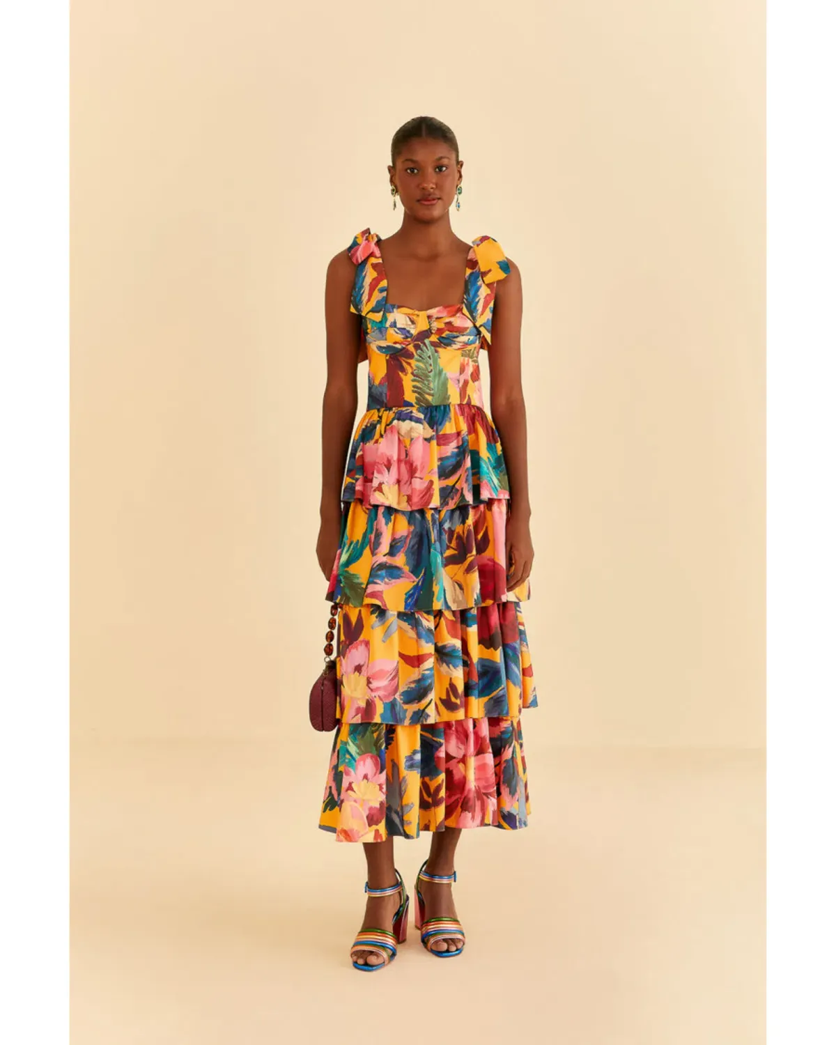 Farm Rio Yellow Painted Flowers Tiered Midi Dress Print Size Small / AU 8 - Image 1