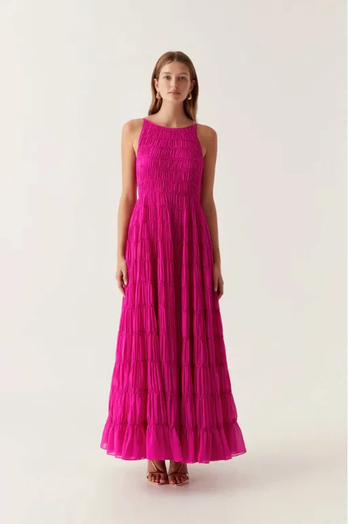 Aje Rosewood Ruched Maxi Dress Magenta Size AU 14 - Image 1