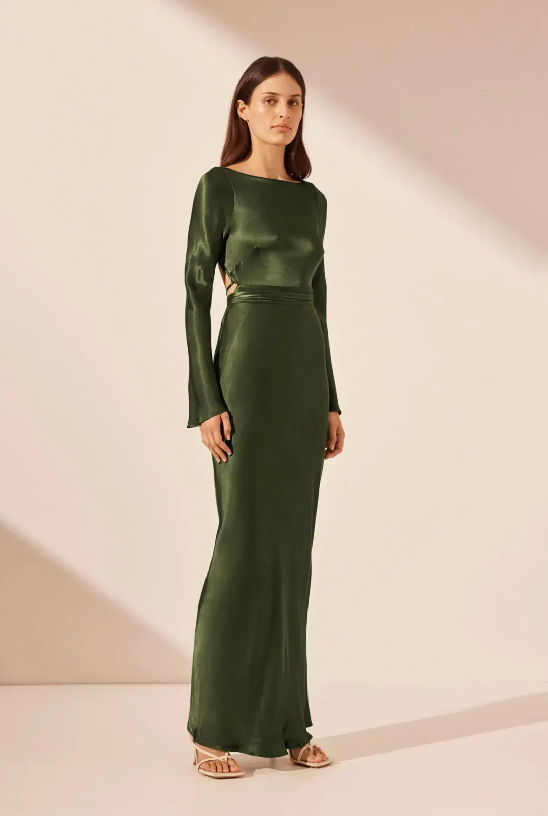 Shona Joy Elia Long Sleeve Open Back Tie Maxi Dress in Fern Size 12 for rent on The Volte - main image