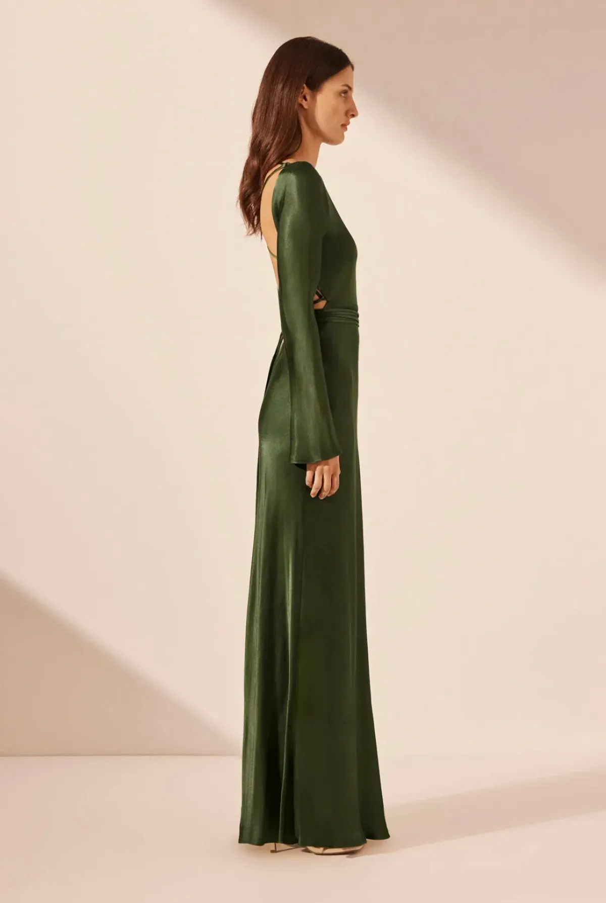 Shona Joy Elia Long Sleeve Open Back Tie Maxi Dress in Fern Size 12 - Image 5