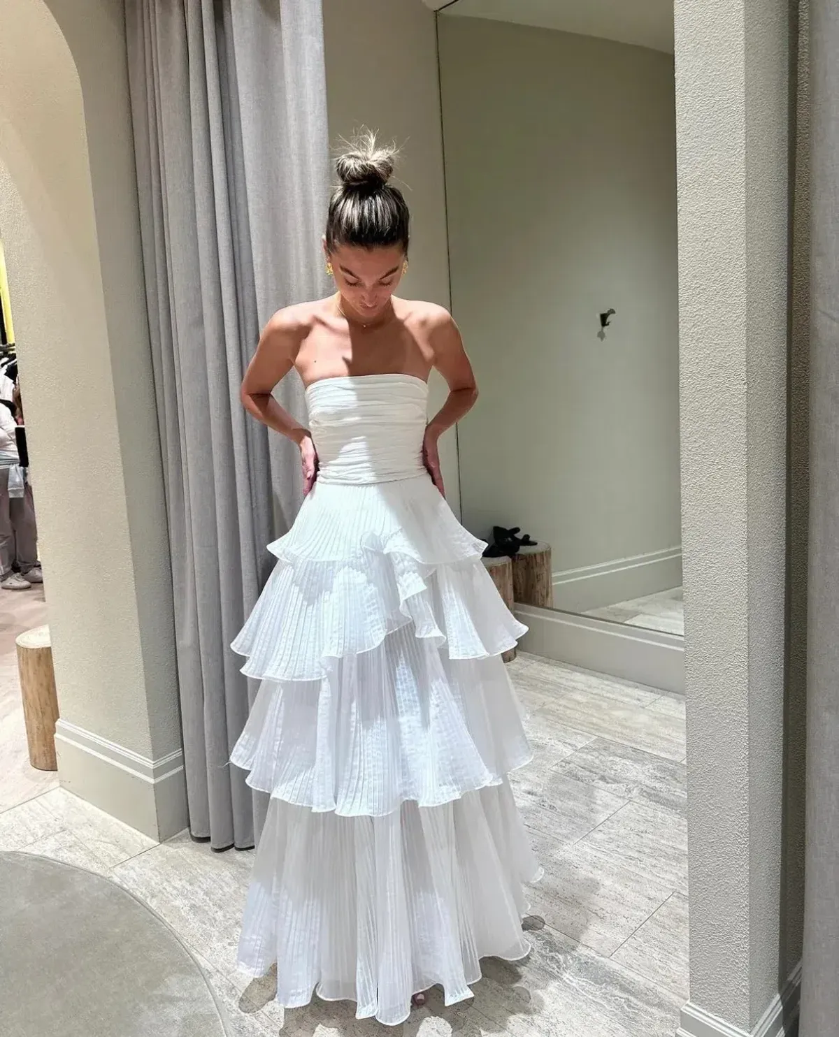 Aje Cosmos Sunbream Ruched Bustier in Size 8 and Tiered Maxi Skirt in Size 10 White for rent on The Volte - main image