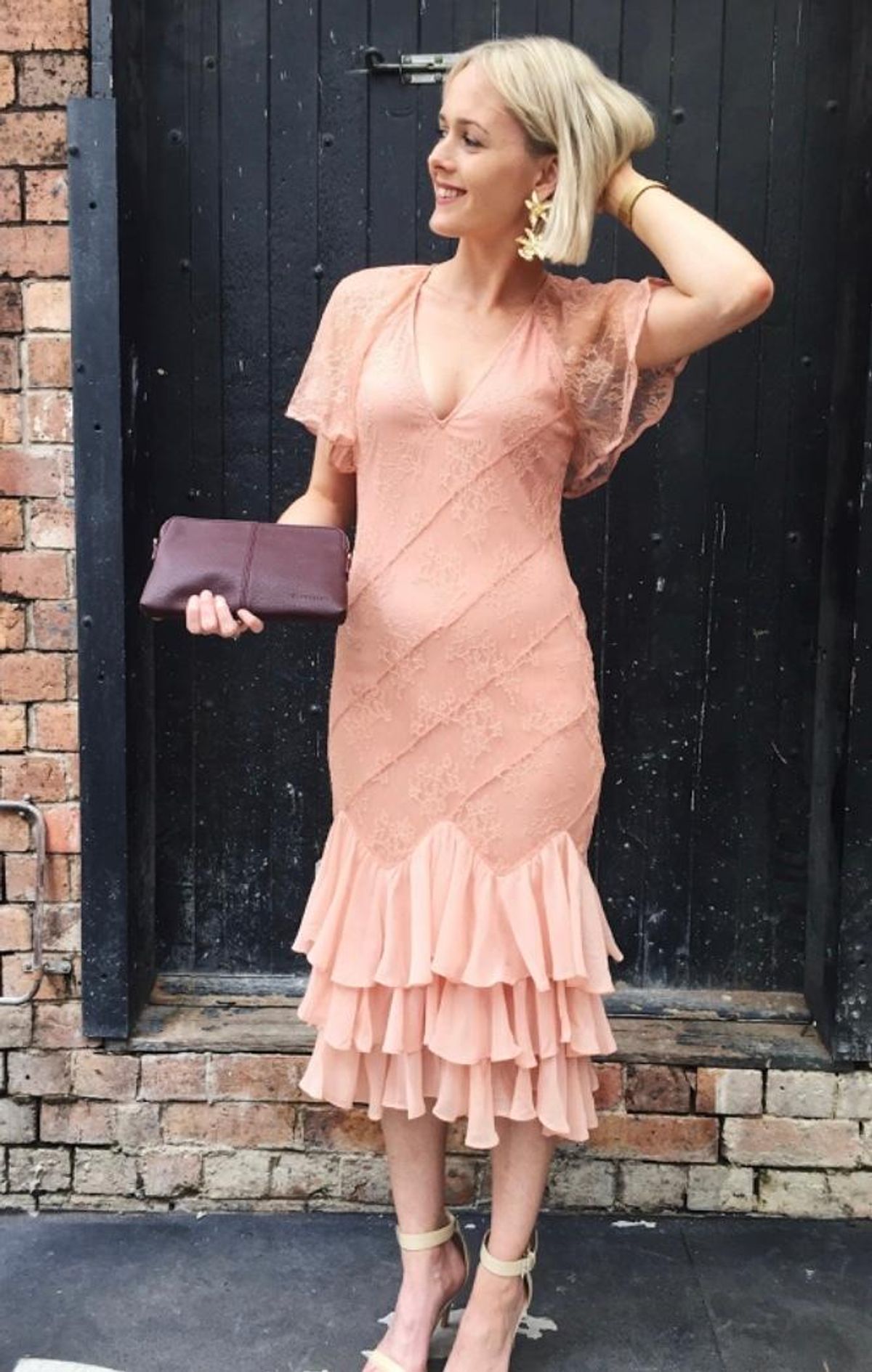 Stevie May peach lace midi dress for rent on The Volte - main image