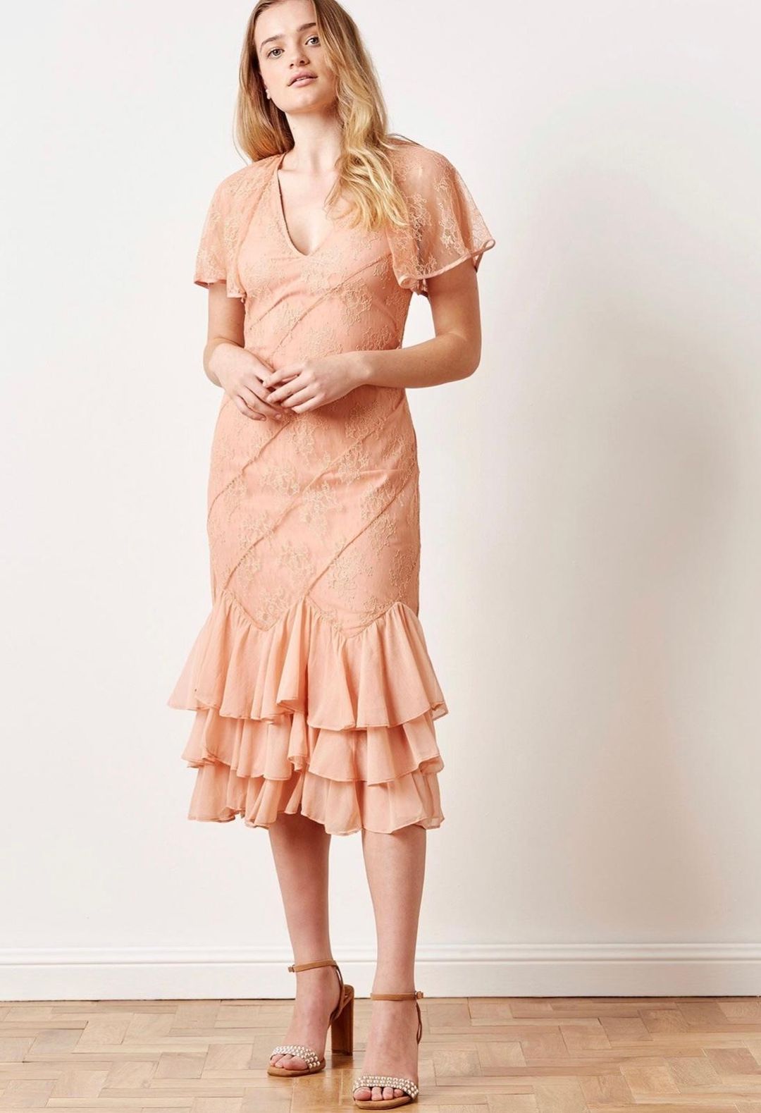 Stevie May peach lace midi dress for rent on The Volte - main image
