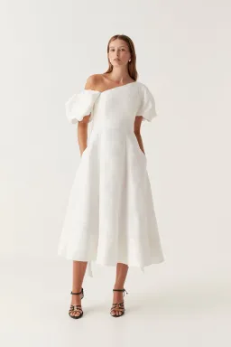 Aje Arista Asymmetrical Tulip Sleeve Midi Dress Ivory Size 8 for rent on The Volte - image 2